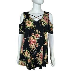 Reb & J. Black & Pink Floral Laced V-Neck Cold Shoulder Top